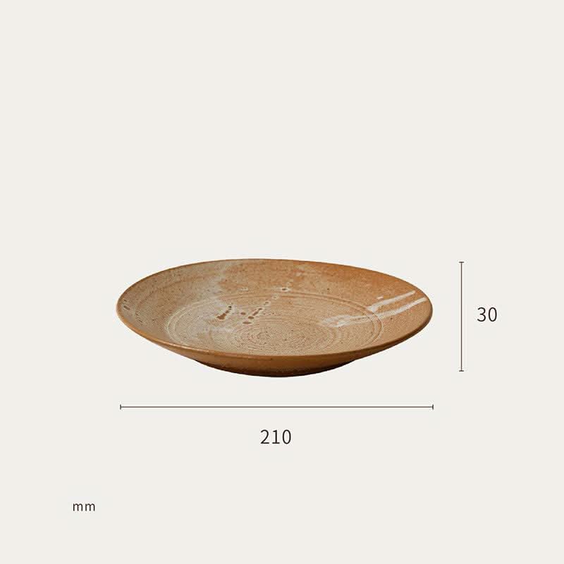 Brown clay tableware handmade set, earthy tones, rustic texture, 210mm diameter.